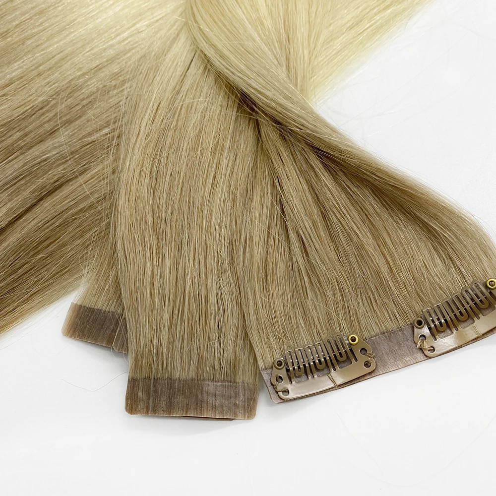 Kayla Seamless Clip in Hair Extensions Remy Human Hair 80-120g PU Tape In Hair Extensions Ombre Blonde Color Skin Weft