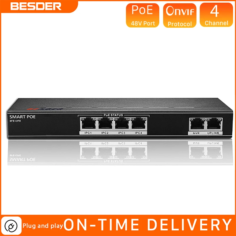 BESDER 802.3af/at 4CH POE коммутатор 6 портов 10/100 Мбит/с Ethernet 250 передача сигнала 4 порт s 1 NVR +