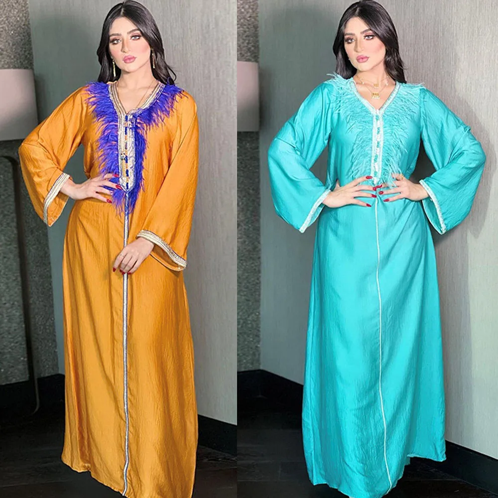 

Eid Ramadan Muslim Women Abaya Islamic Arabic Feather V-neck Long Dress Kaftan Moroccan Dubai Middle East Maxi Robe Turkish Gown