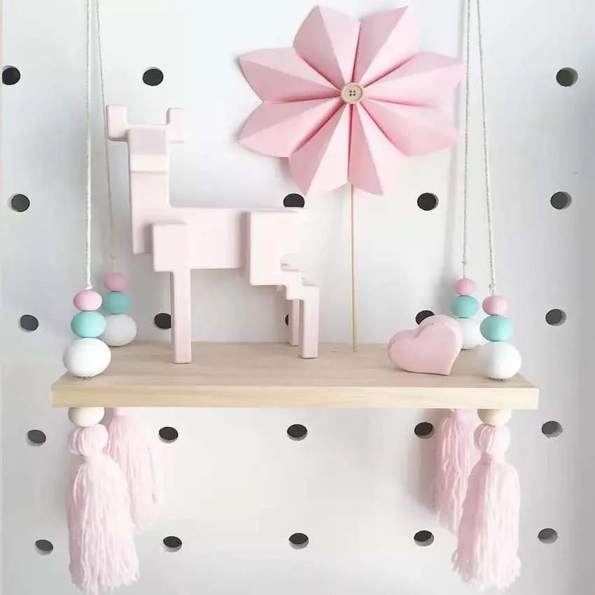 

Nordic Kids Baby Room Wall shelf Child Decorative shelf hanging with Rope and Wooden Board Ins Style Shape Princess Bedroom