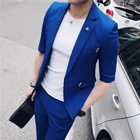2020 синий костюм мужские Нарядные Костюмы для свадьбы блейзер с короткими рукавами деловой мужской повседневный костюм в стиле смокинга жениха, комплект из 2 предметов, (куртка + штаны)
