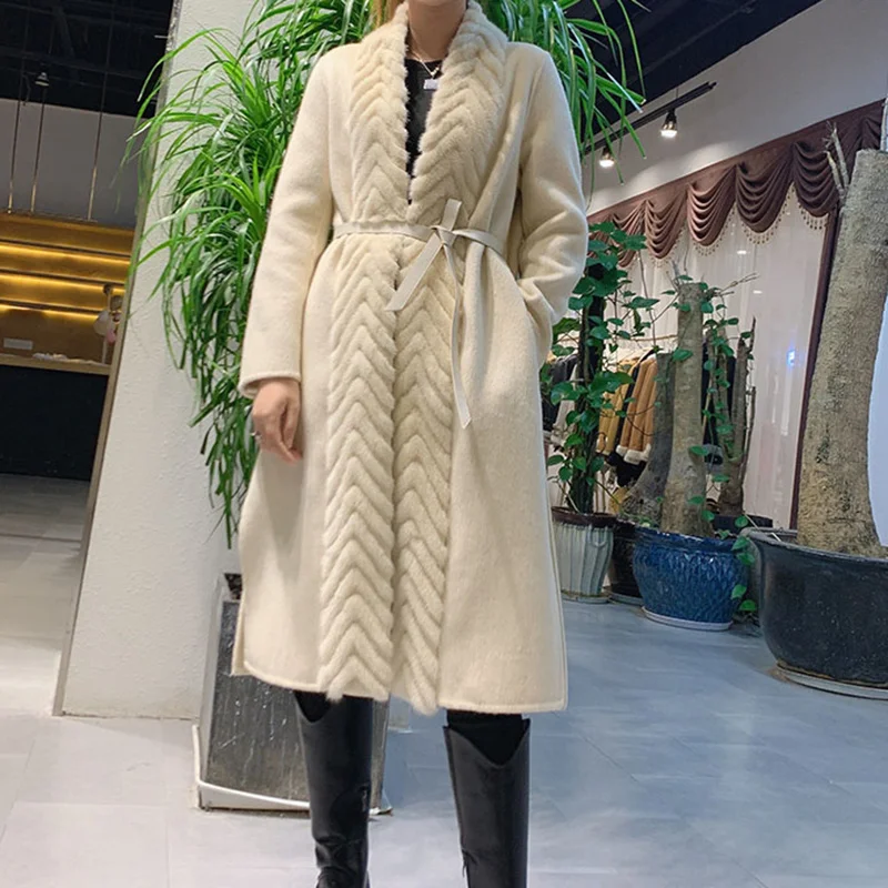

SHZQ Autumn New Cashmere Coat with Natural Mink Fur Collar Warm Winter Coat Women Long Sheep Wool Coat Female Overcoat