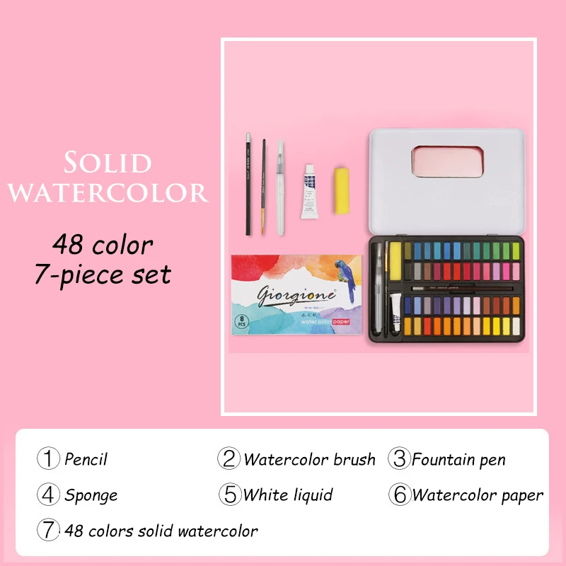 

36/48 Solid Watercolor Paint Set Glitter Metallic Pearlescent Color and Drawing Paper Water Brush Pen in a Metal Box