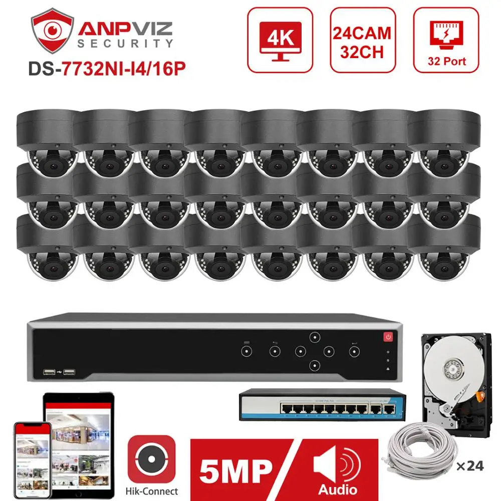 Hikvision OEM NVR 32CH 4K Комплект Anpviz 24 шт. 5MP POE IP камера система для помещений/улицы CCTV