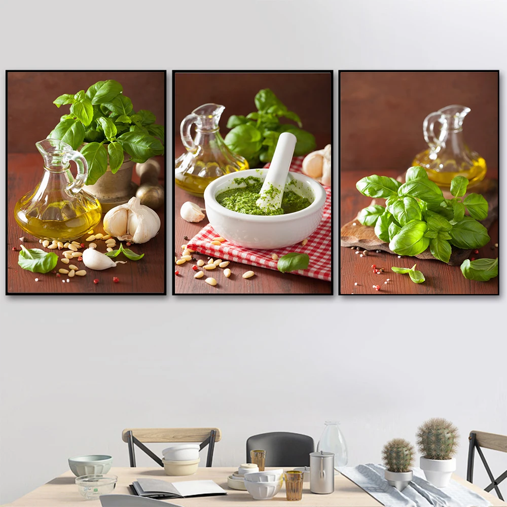 Растения и ингредиенты базилика для соуса постер с оливковым маслом картина на