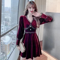 winter lace stitching wine red velvet dress for women v neck buttons long sleeve party dress lady black high waist pleated dress