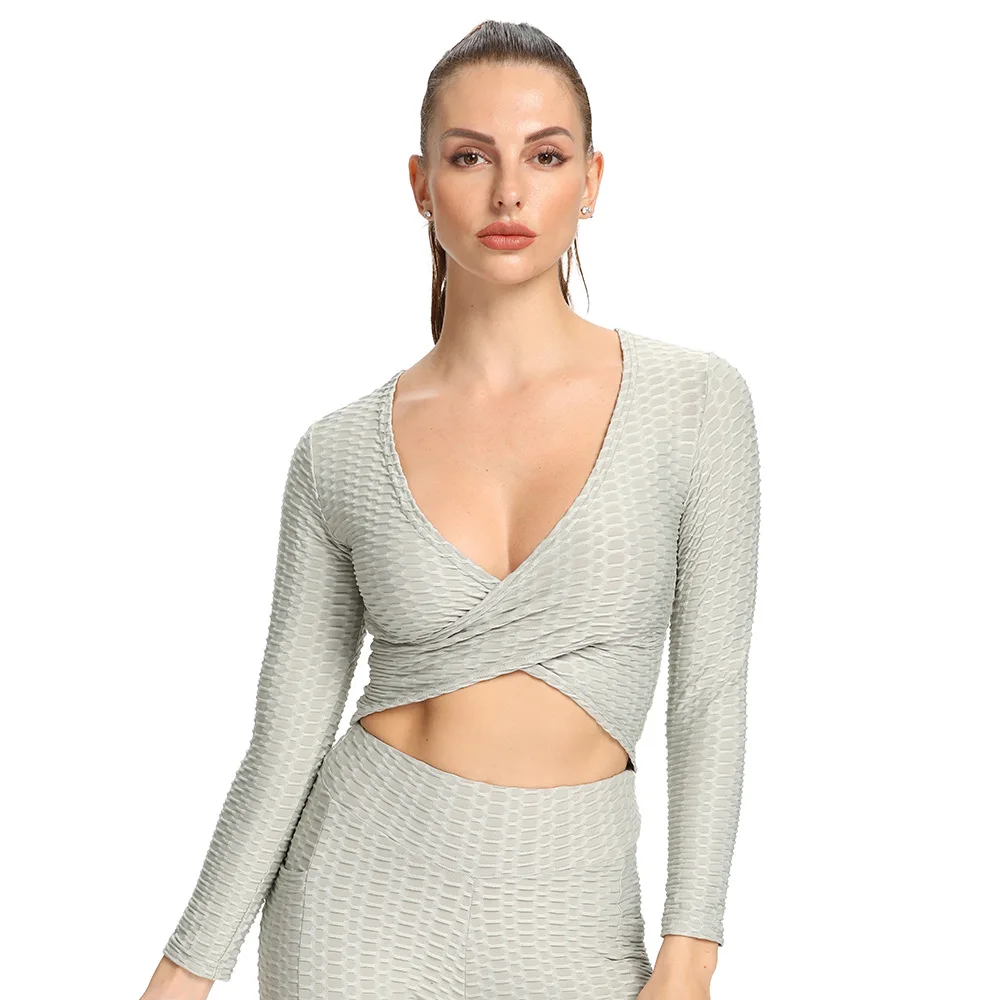 

TTING Women Long Sleeve Running Shirts Sexy Exposed Navel Yoga T-shirts Quick Dry Fitness Gym Crop Tops Jacquard Sports Shirts