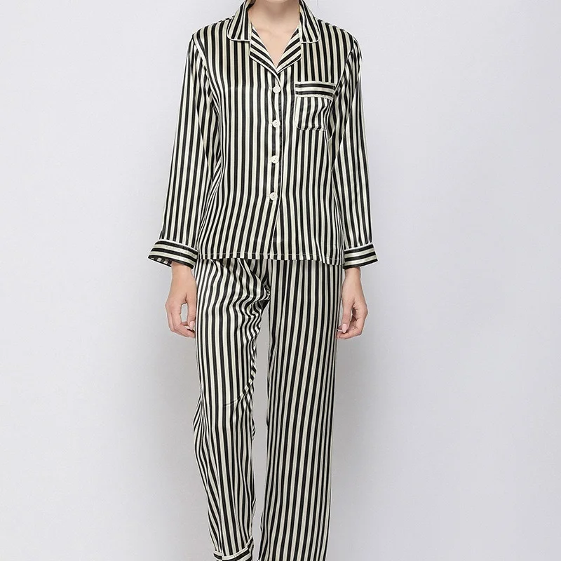 QWEEK Striped Silk Like Pajamas for Women Autumn Brief Bedroom Set 2 Piece Pijamas Female Sleepwear Pink Black Loungewear Pyjama