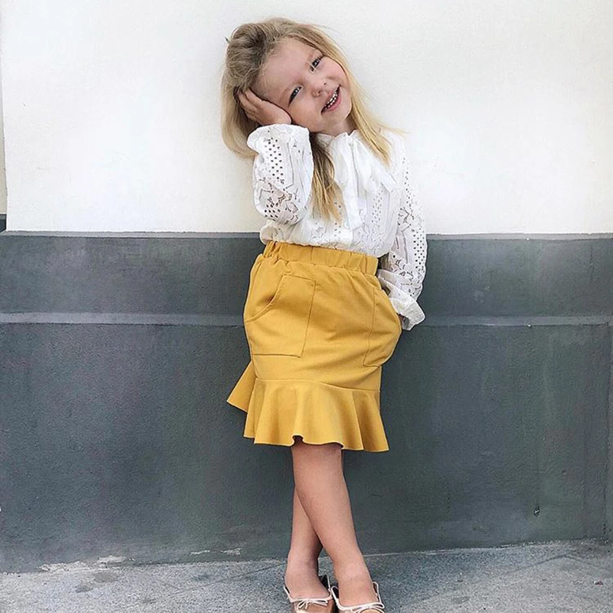 Детская кружевная желтая рубашка с оборками и мини-юбка 2 шт./комплект | Мать