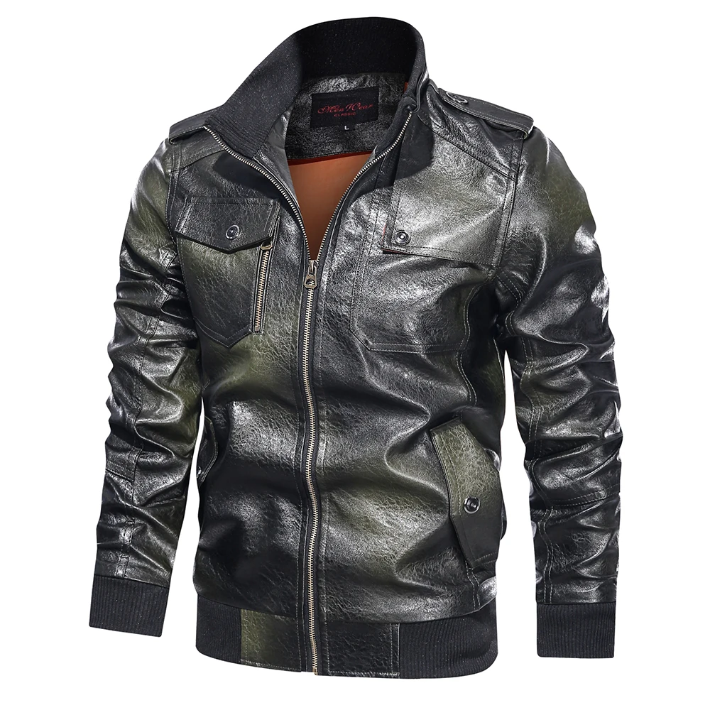 

New Autumn Winter Leather Jacket Men Stand Collar Motorcycle Washed Leather Jacket Mens Pu Coats Quality Leather Military Bomber