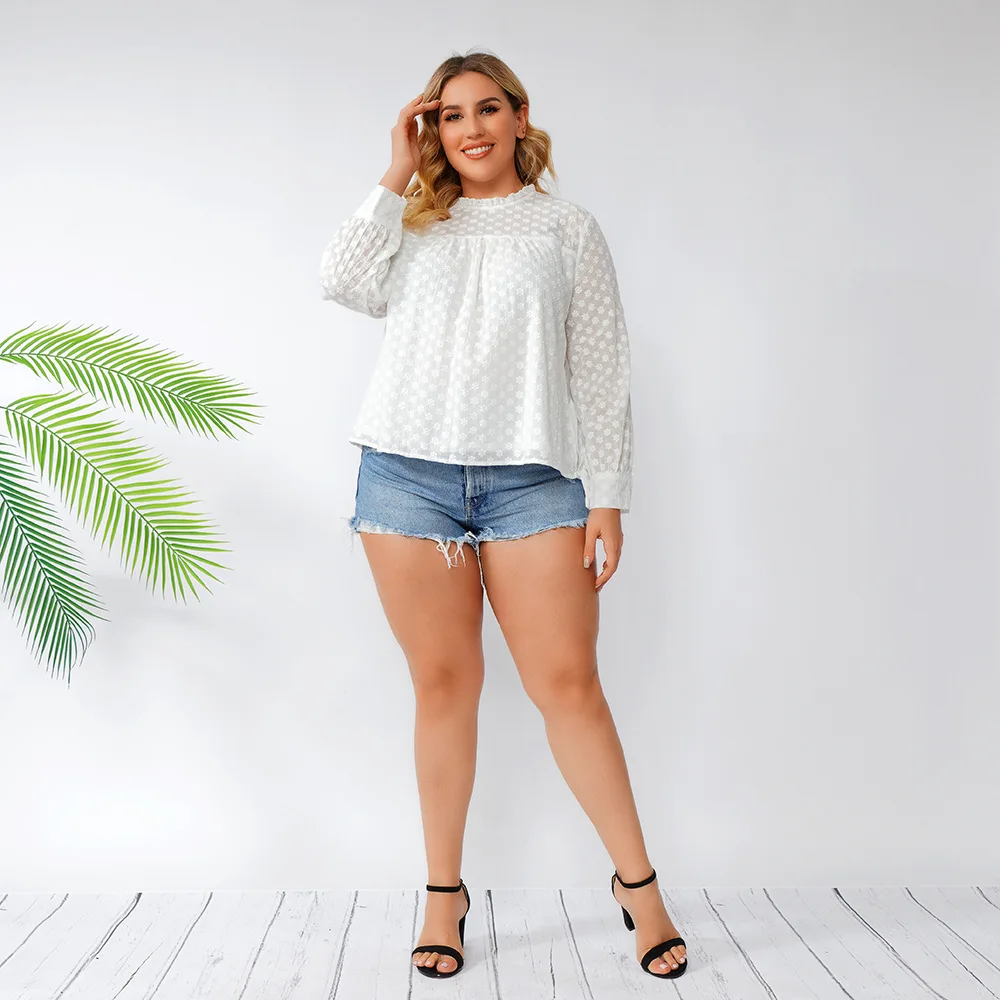 

New 2021 Spring Autumn Plus Size Tops For Women Large Blouse Long Sleeve Casual White Floral Print Ruffle Shirt 3XL 4XL 5XL 6XL