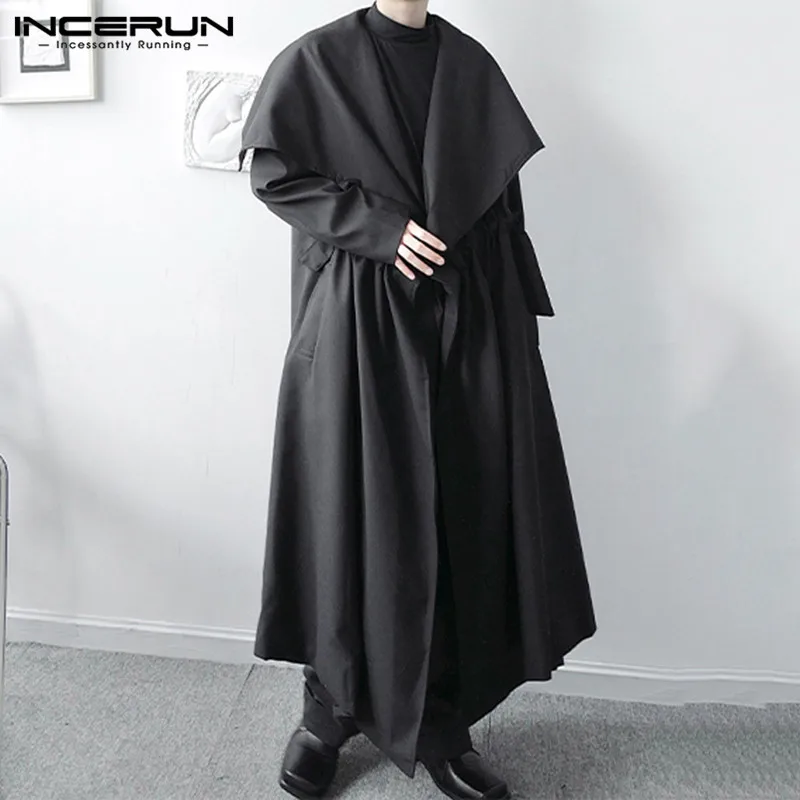 

INCERUN Men Leisure Trench Long Sleeve Lapel Neck Windbreaker Fashion Solid Color Long Coats Man Loose Pockets Cloak Streetwear