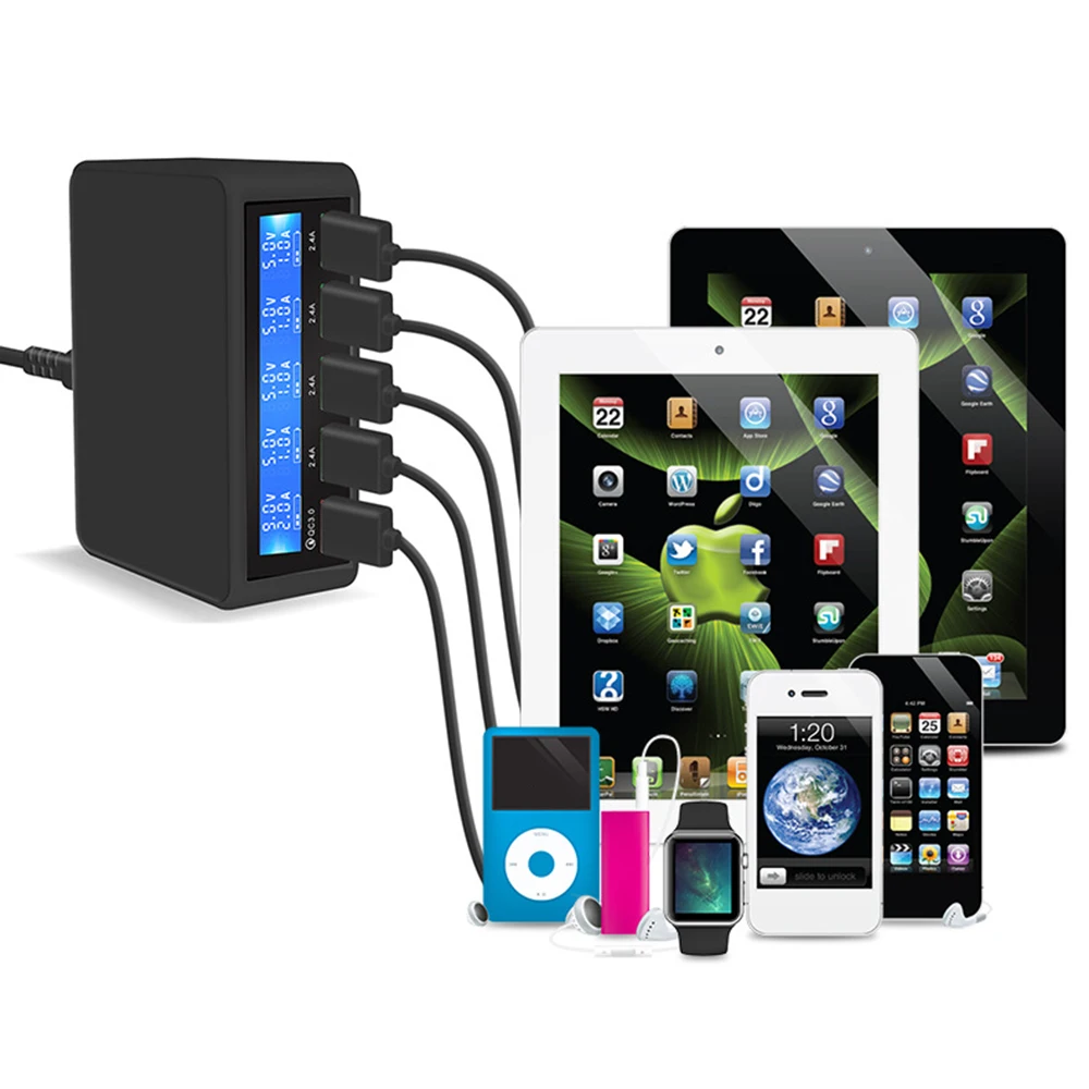 qc 3 0 quick charge 5 port usb lcd display carregador multi mobile phone fast wall chargeur for iphone xiaomi portatil cargador free global shipping