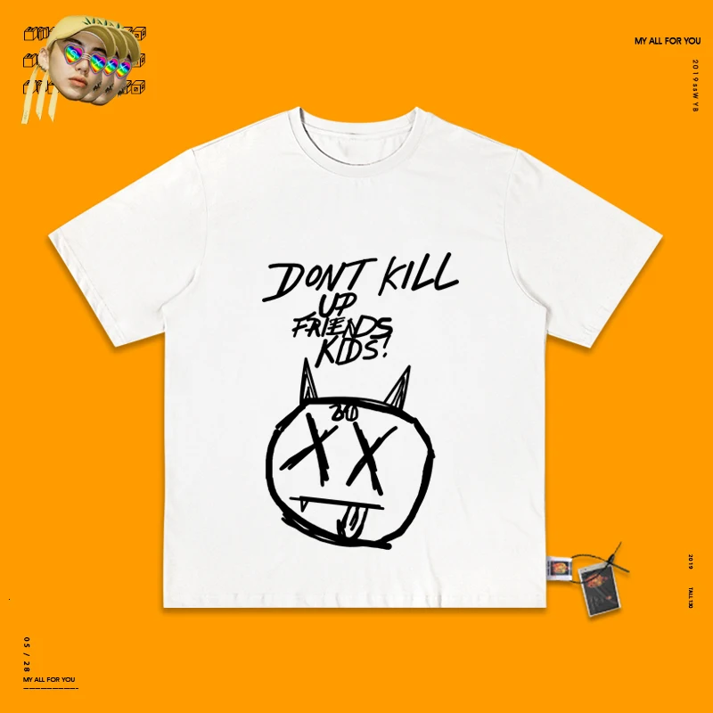 Футболки Топы кавайные модные летние мужские Ins ручная рисованная каракули