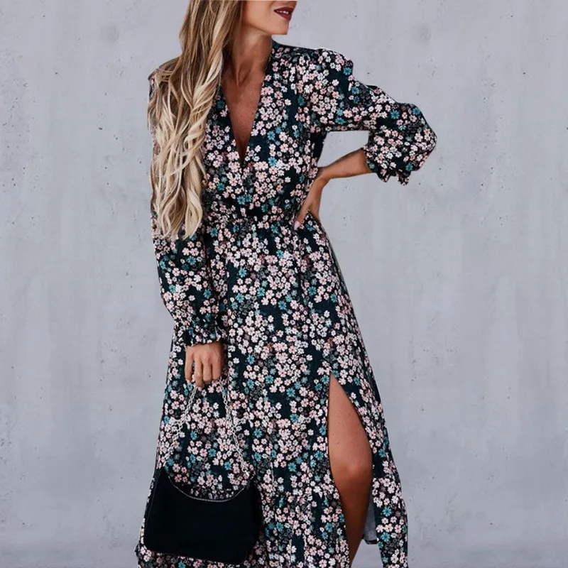 

Sping Autumn Vintage A-Line Print Mid-Calf long Dress womenSplit Sexy print V button slit dress boho dresses women vestidos