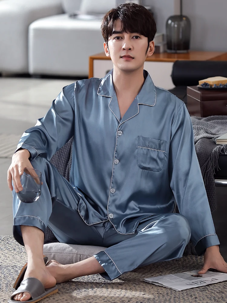 New Large Size Men Pajamas Ice Silk Long Home Pants For Men Solid Blue 2 Pieces Sleepwear Spring Pjs Bedgown Grey Homme Pijamas