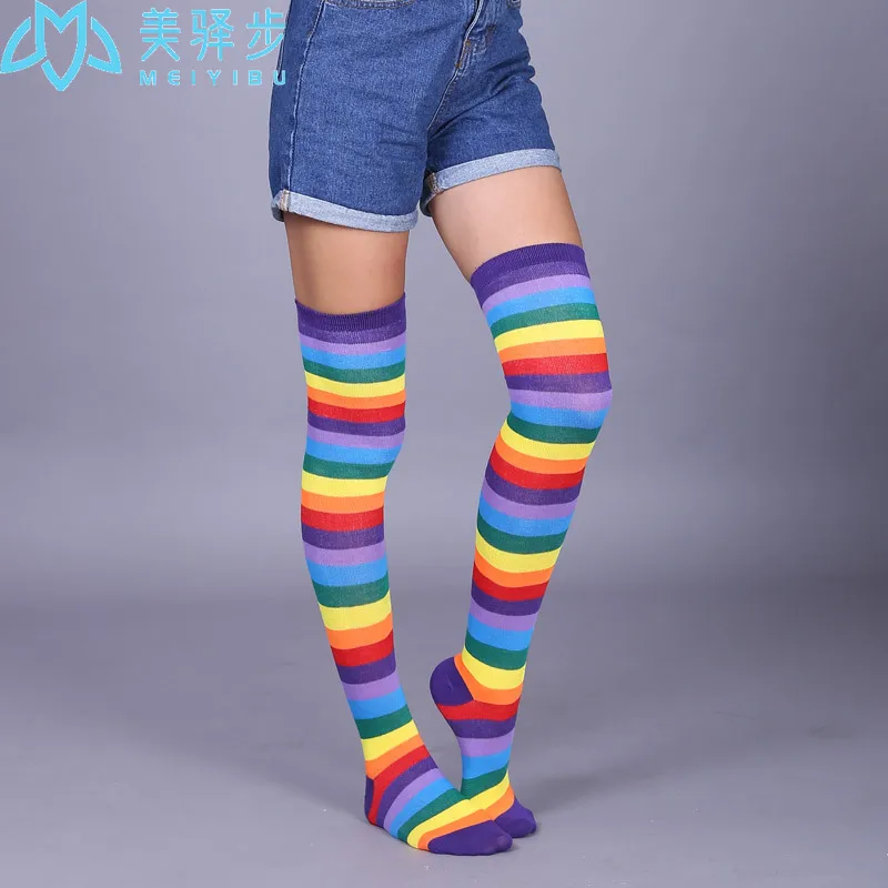 6 Pairs Per Set Colorful Socks Rainbow Stripe Long Tube Knee Socks Party Stocking Female Holiday Stocking Girl