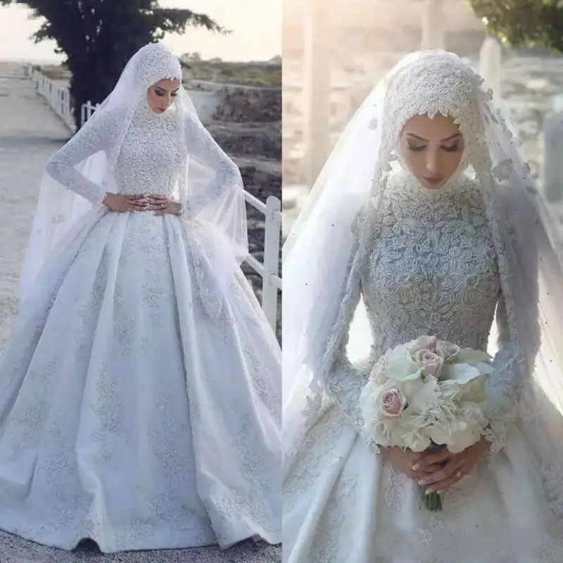 

Long Sleeveless Custom Made Muslim Wedding Dress with hijab Colorful Lace Appliqued Sweep Train Bridal Gowns Vestido De Novia