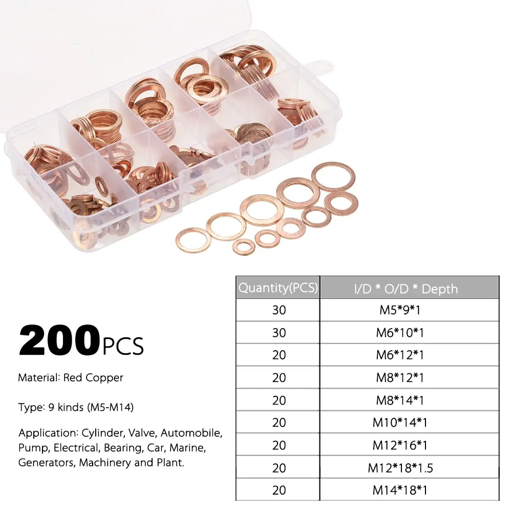 200PCS M5-M14 Copper Washers Gasket Set Flat Ring Seal Assortment Kit with Box 9 Sizes for Hardware Accessories+ Storage | Обустройство