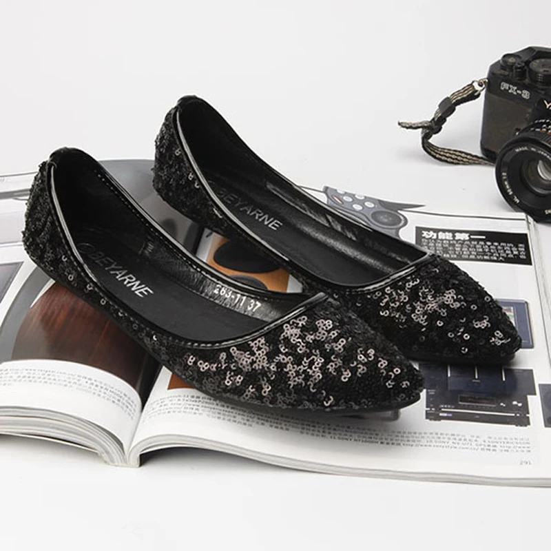 Балетки женские с блестками плоская подошва заостренный носок без застежки