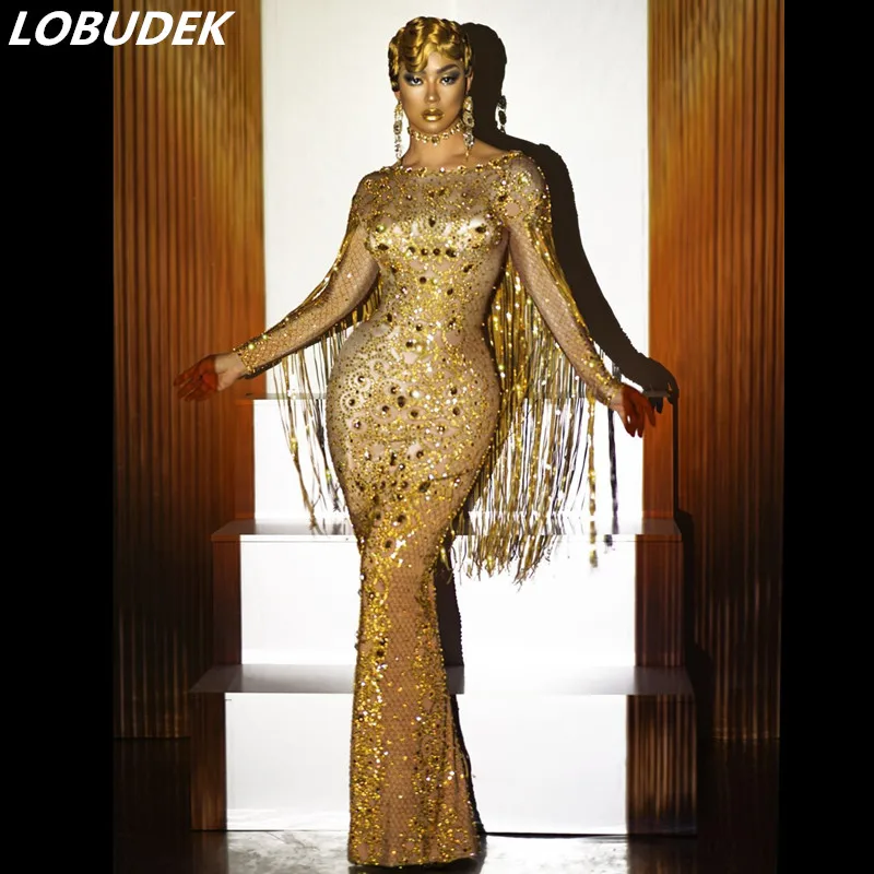 

Gold Crystals Sequins Tassels Long Dress Fashion Women Prom Wedding Floor Length Rhinestones Dresses Singer Host Stage Costume
