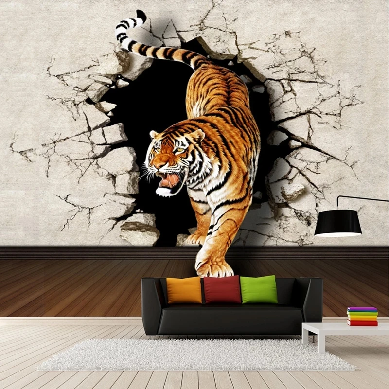 

3D Wallpaper Mural Decor Photo Backdrop Hole in the wall, animal, tiger TV Background 3D Mural Wall Paper