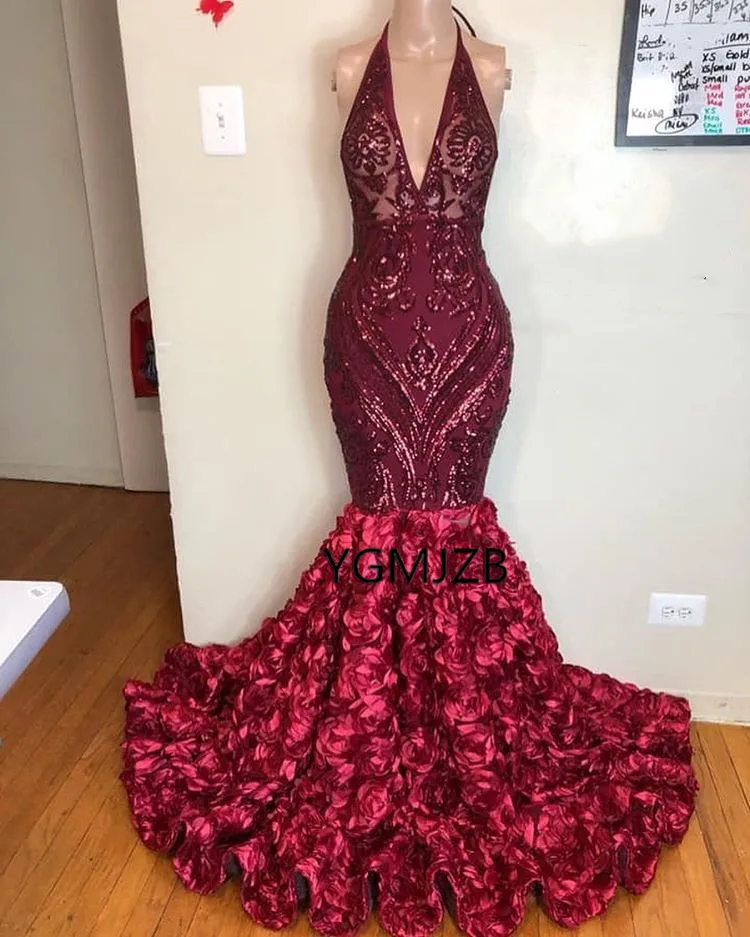 Sexy Burgundy Long Prom Dress Mermaid 2020 Black Girls V Neck Sparkle Sequin 3D Flowers African Formal Party Dress Evening Gown