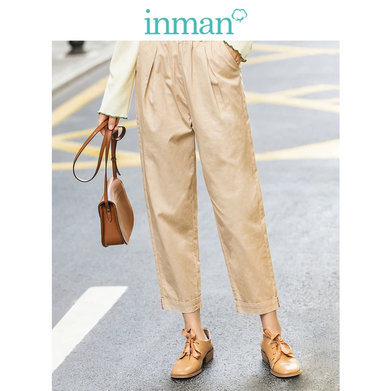 INMAN/весенне-осенние простые свободные хлопковые однотонные брюки с цветочным