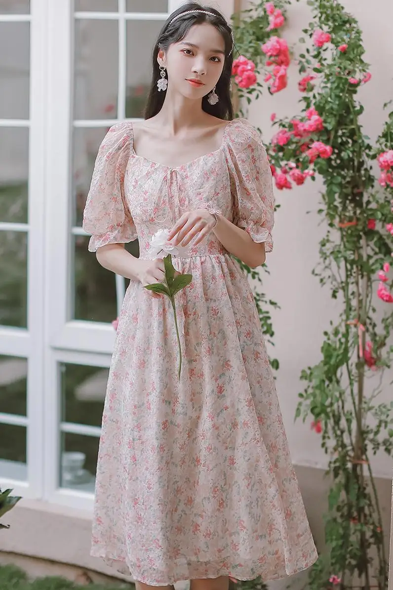 

COIGARSAM French Style Floral Print Women dress Dresses Pink Flower 1566
