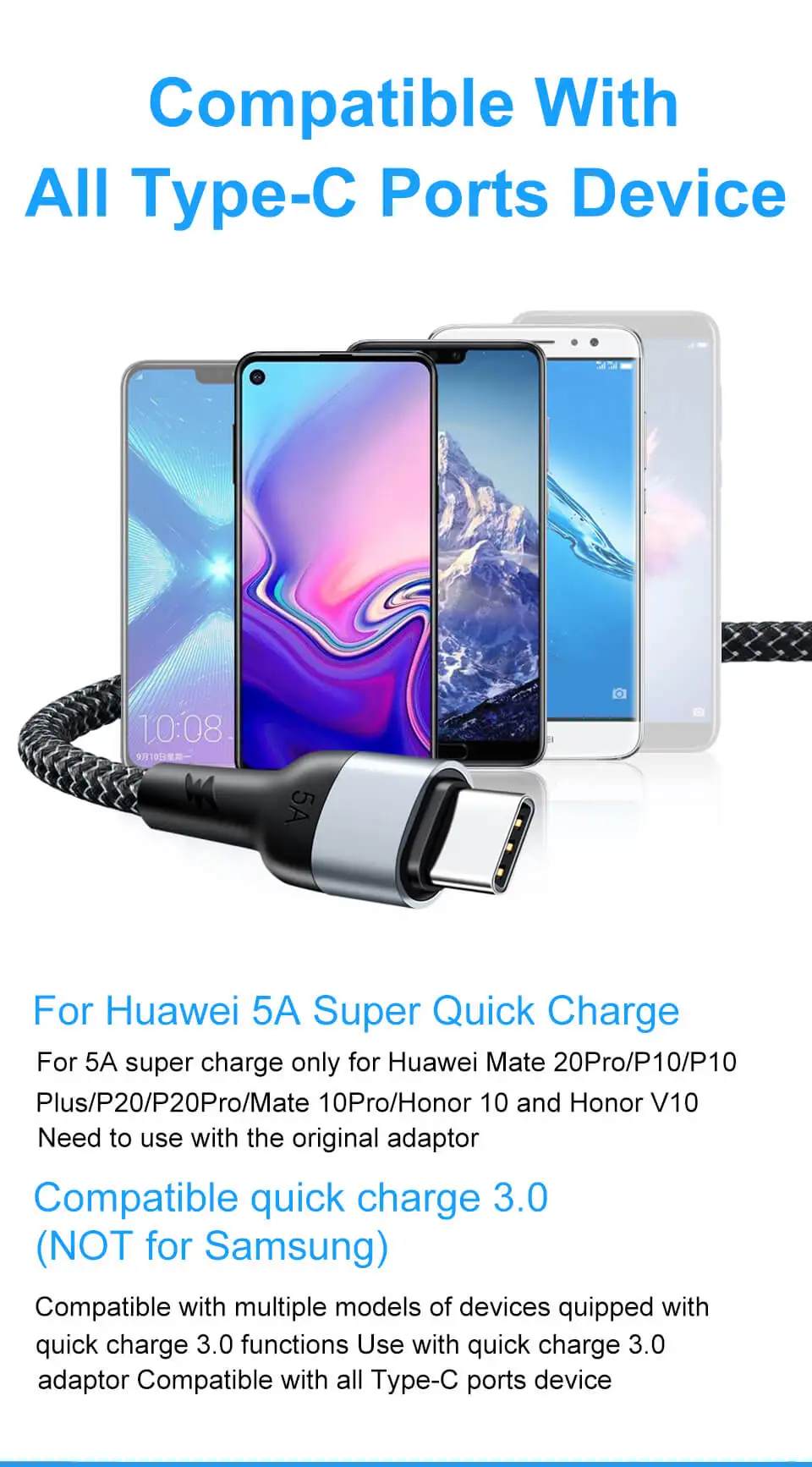 Elough 5A usb type C кабель для huawei P30 P20 P10 mate 20 10 Pro Plus Lite быстрое зарядное устройство для Xiaomi Quick Charge 3,0 USB C кабель