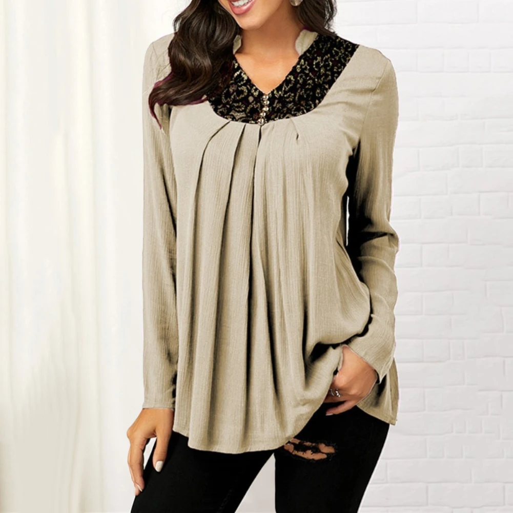 

Women Autumn Solid Color Floral Print V Neck Long Sleeve Pleated Loose Blouse Top