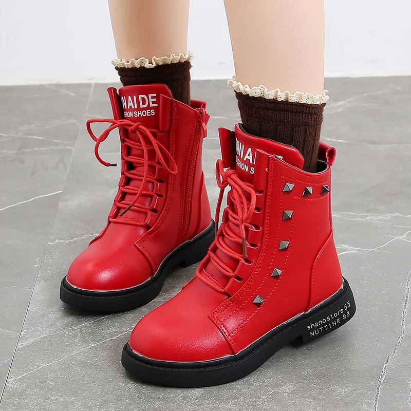 

Children Martin Boots 2020 Winter Girls Plush Warm Snow Boots British Style Fashion Kids Rivets Boots Waterproof Outdoor Shoes