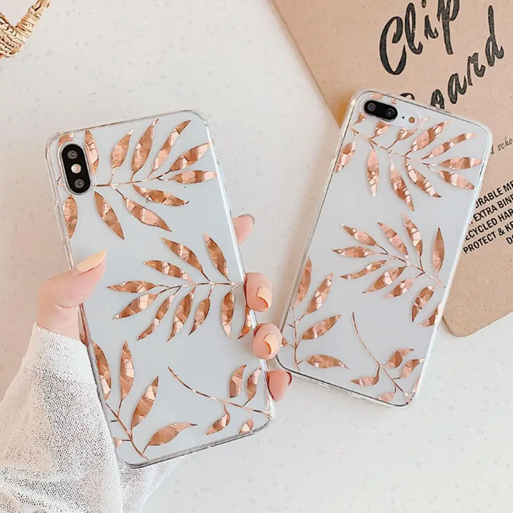 Блестящий Прозрачный чехол с золотыми листьями для iPhone 11 Pro X XS Max XR 8 7 Plus