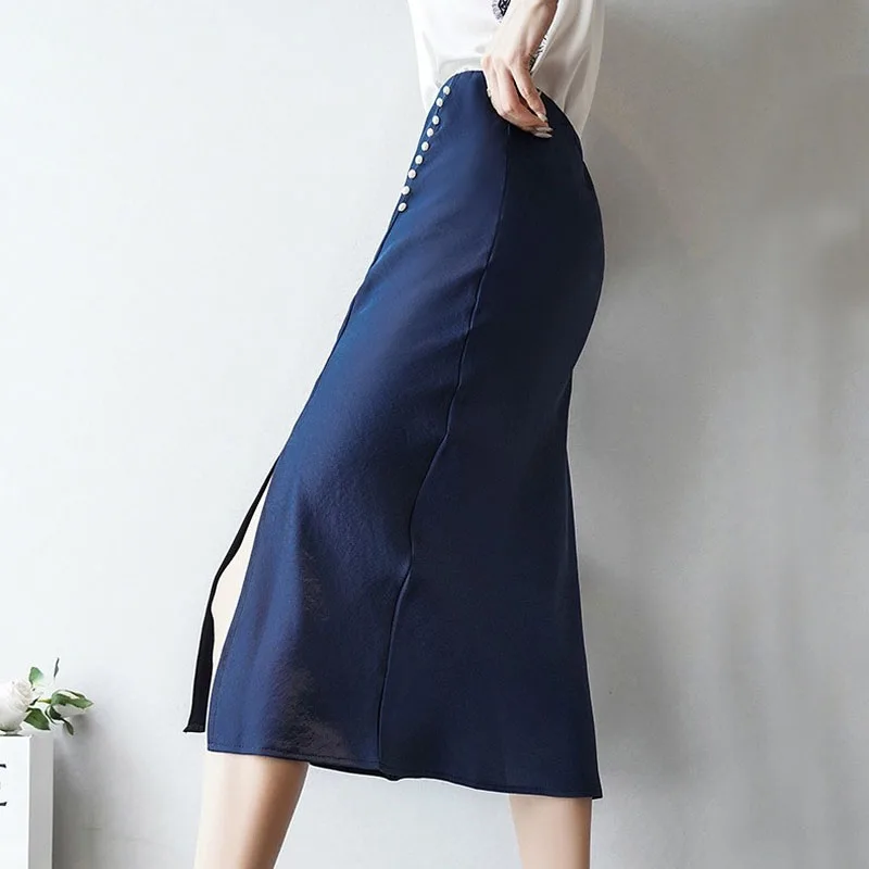 

Elegant Split A-line Skirt Summer Skirts High Waist Single-breasted Women Satin Skirts 2021 Luxury Solid Falda Femme Skirt 13382