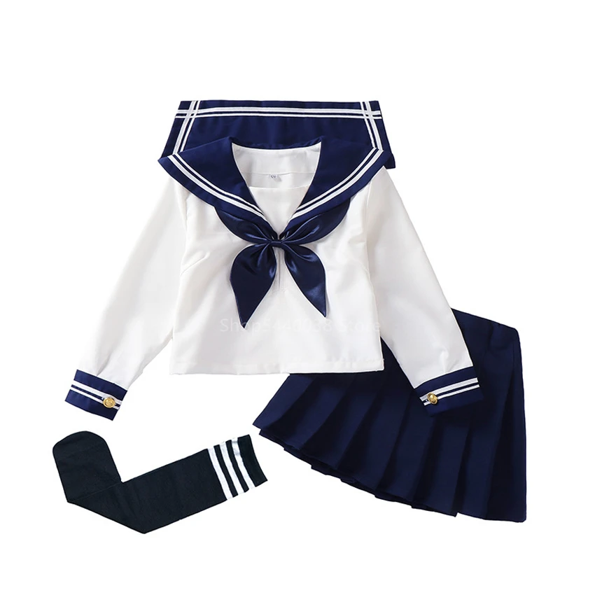 

Kid jk sailor dress 4pcs girl japanese korean orthodox school uniform navy pleated skirt short sleeve kawaii suit anime cos