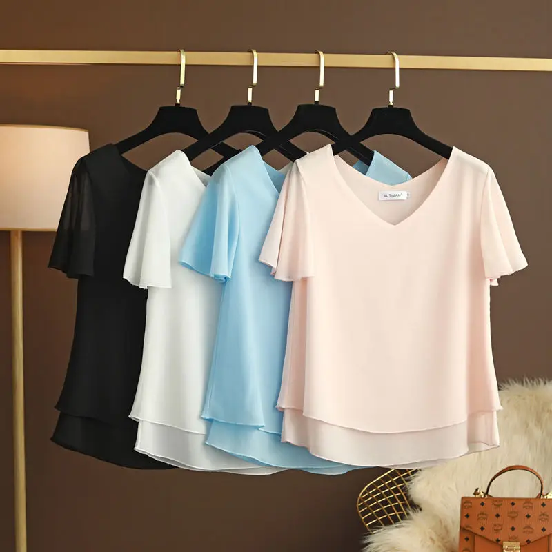 

2023 Summer New Women's V-neck Ruffled Mother's Fashion Brand Chiffon Shirt Short Sleeve Plus Size Loose Belly-covering Top