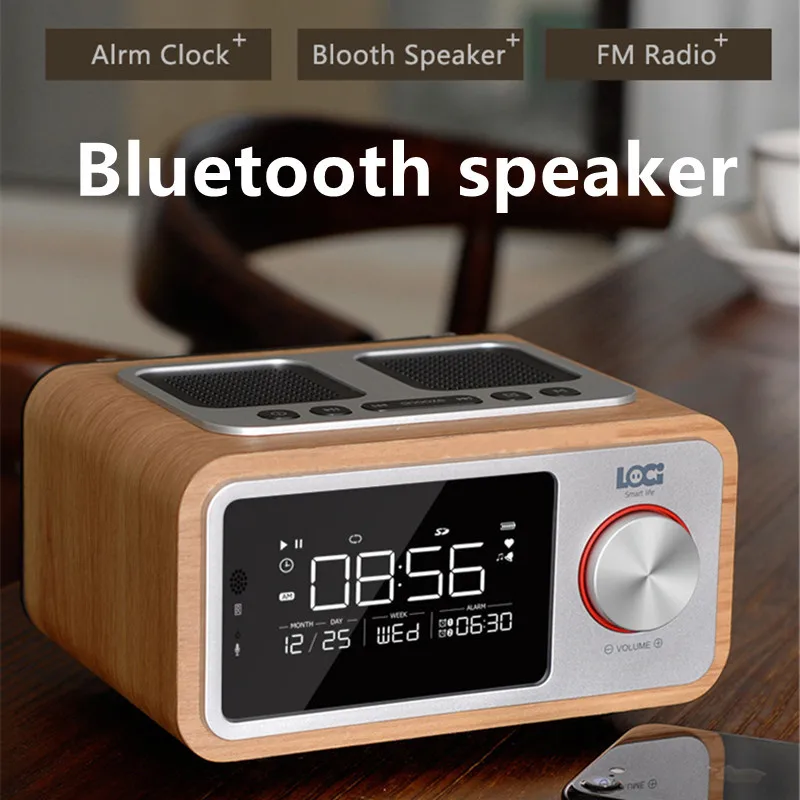 10W Home LED Screen Alarm Clock FM Radio Stereo Loudspeaker Bass Subwoofer Retro Wireless Small Wood Portable Bluetooth Speaker - купить по