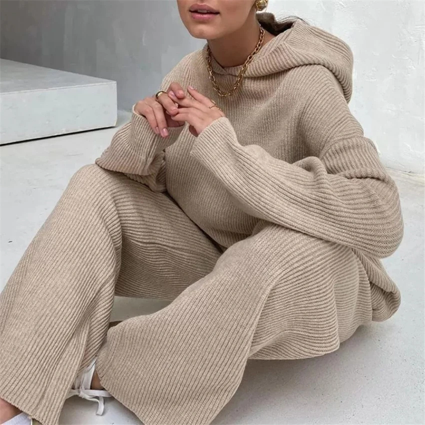 

2020 Europe and America Autumn Winter Women's New Fashion Longs Sleeve Sports Set Loose Solid Casual Knitted Two Piece Set