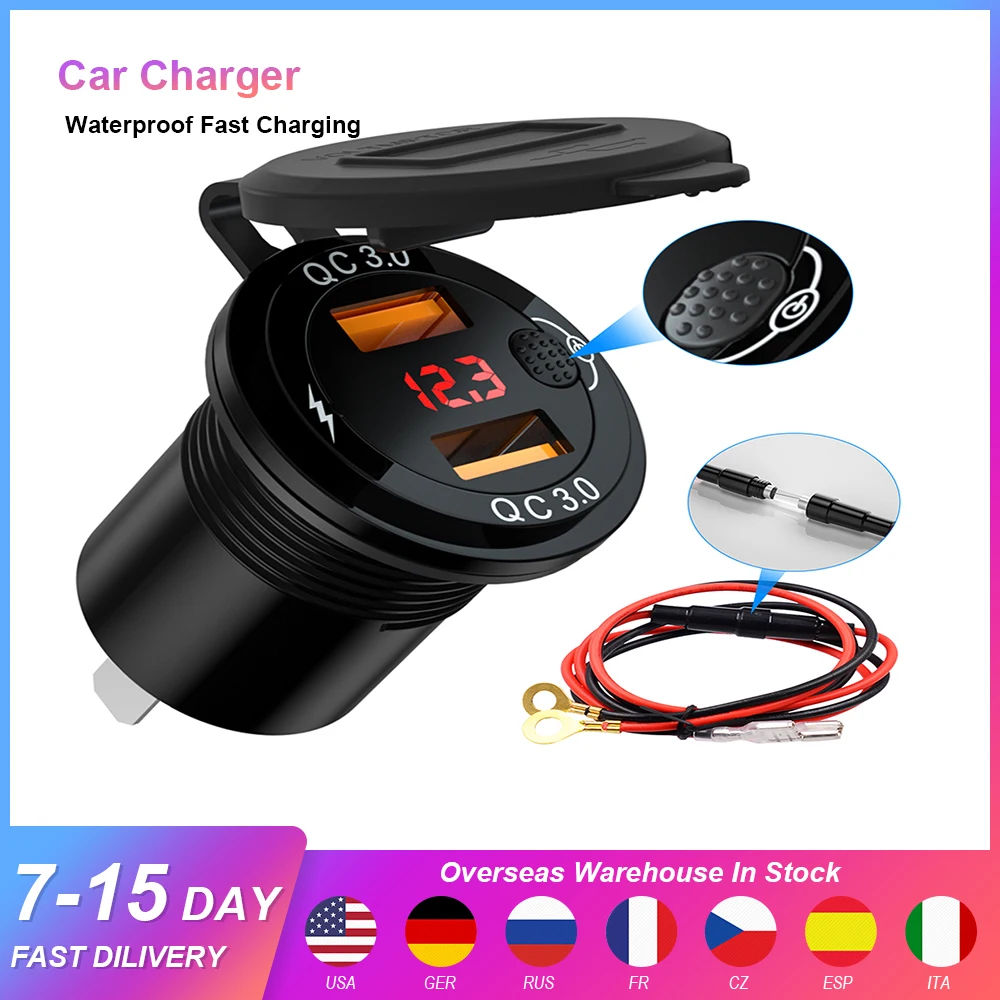 

Car Charger Waterproof Fast Charging Adapter Dual USB 3.4A Voltmeter Charger Socket For 12V/24V RV Boat With Blue Terminal