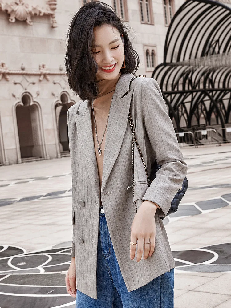 

Black striped suit jacket for women polyester double breasted regular blazers coat long-sleeve notched collar