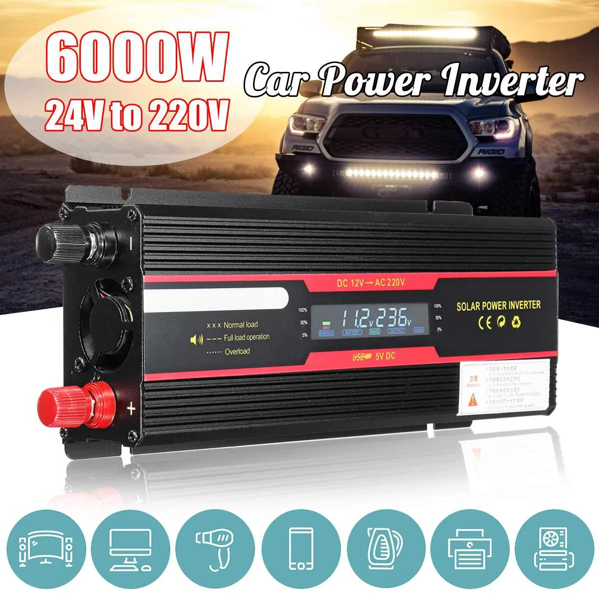 

Inverter 6000W Modified Sine Wave DC 12v/24v To AC 110V/220V Voltage Transformer Power Converter Solar Inverter LCD Display