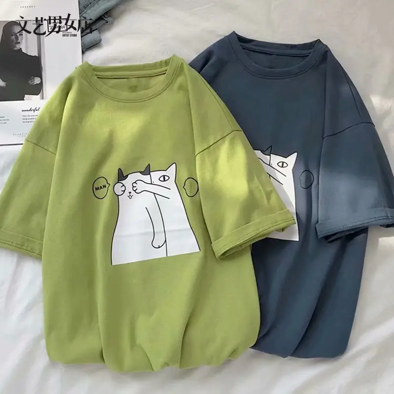 

2021 Summer Clothes Loose Guess Cat Print Short Sleeve T-shirt