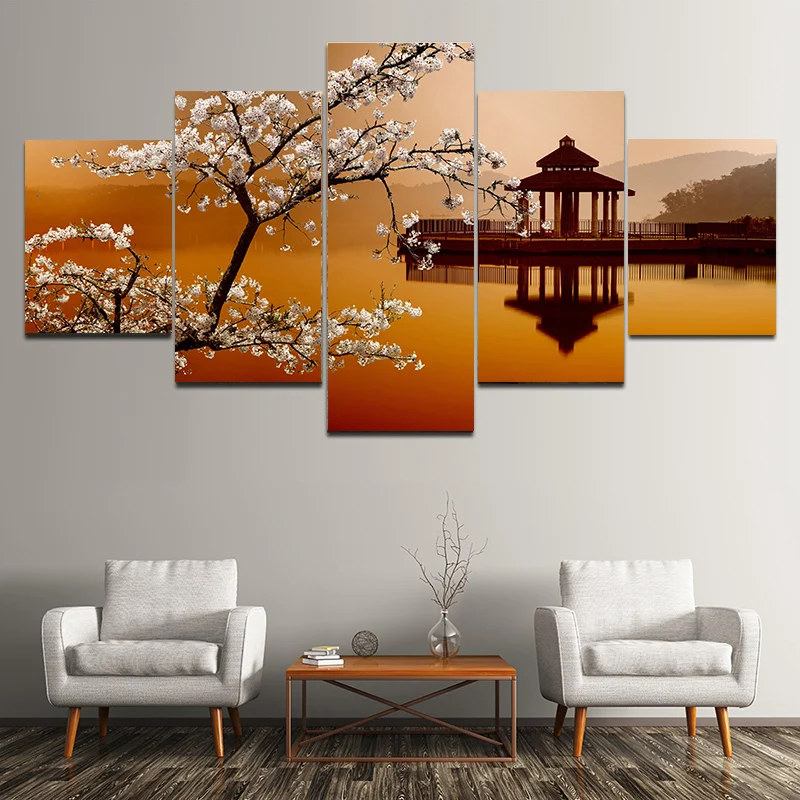 

5 Pieces Pear Flower Pavilion Retro Scenery Canvas Painting Landscape Posters and Prints Picture Living Room Home Decor No Frame
