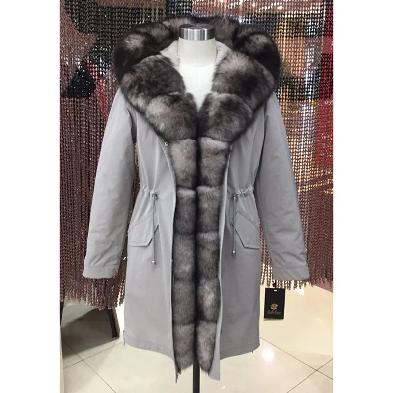 Женская зимняя длинная парка куртка с капюшоном и воротником из енота лисы