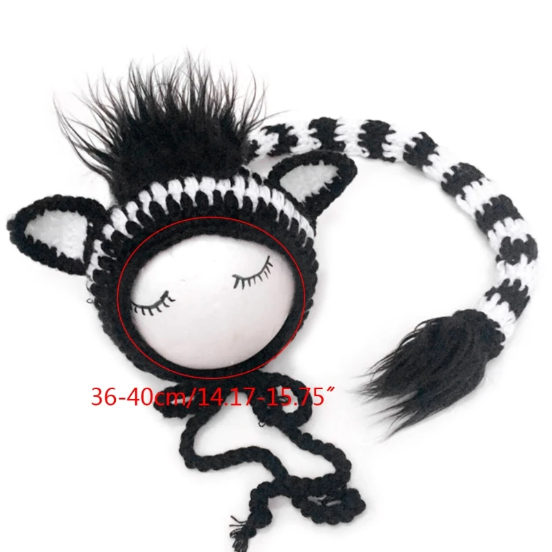 

2 Pcs Baby Zebra Design Hat Tail Set Handmade Knitted Clothes Photo Shooting Outfits Newborn Photography Props Costumes