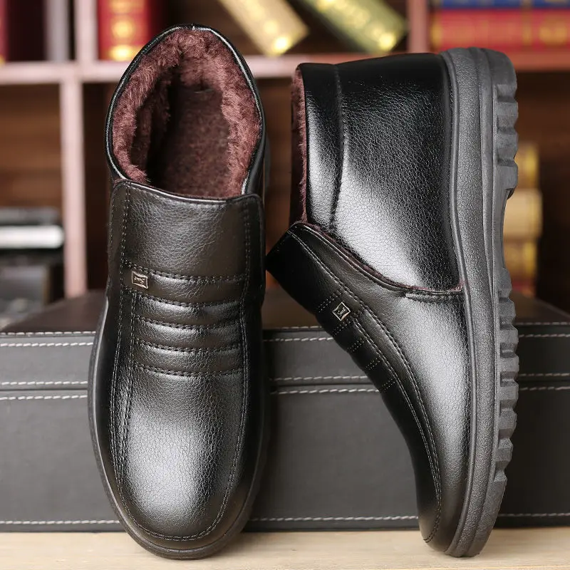 

Мужские зимние водонепроницаемые кожаные туфли, фланелевые высокие слипоны, Повседневная теплая резиновая обувь для мужчин