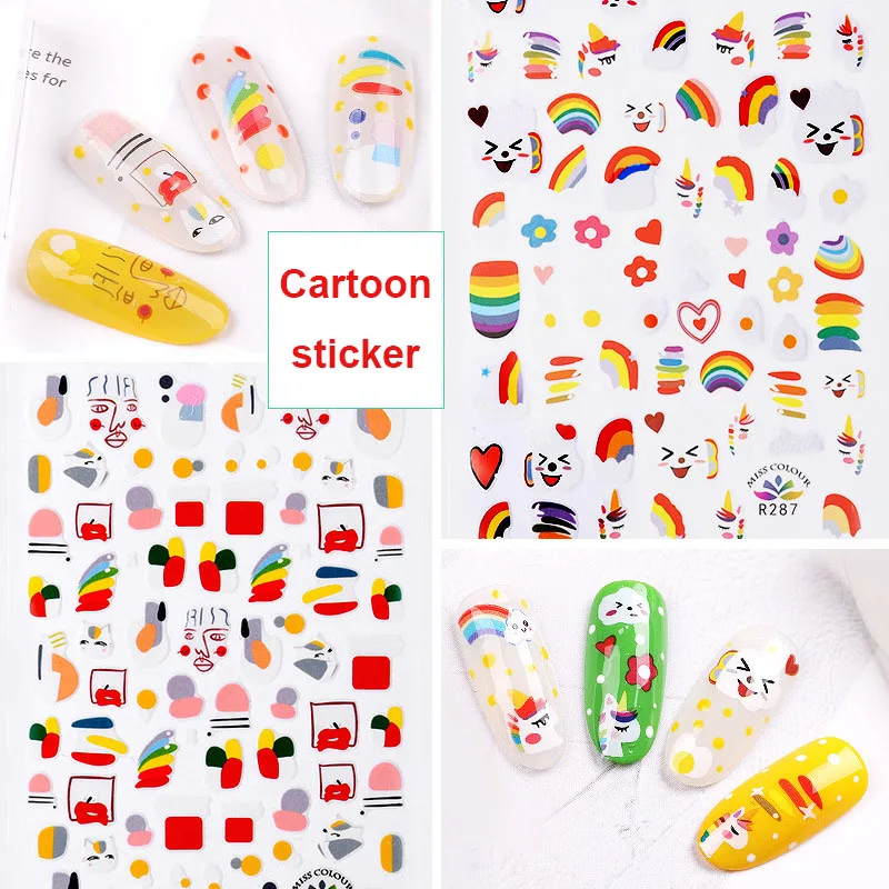 Мультяшный дизайн ногтей стикер Радуга фрукты цветок милые животные изображение