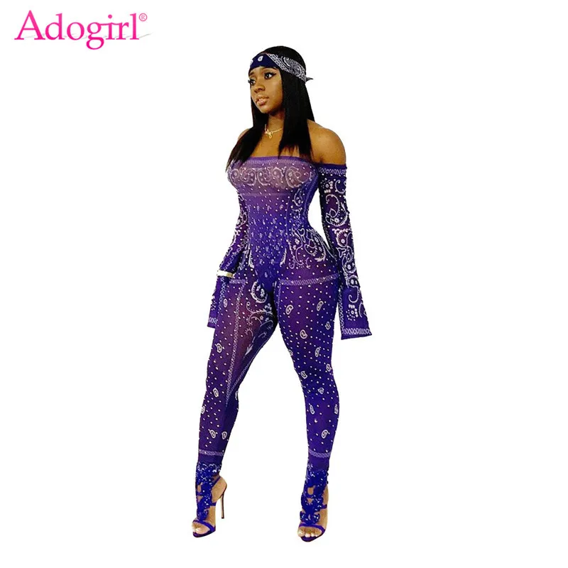 Adogirl Модный комбинезон с принтом из прозрачной сетки женский сексуальный вырезом