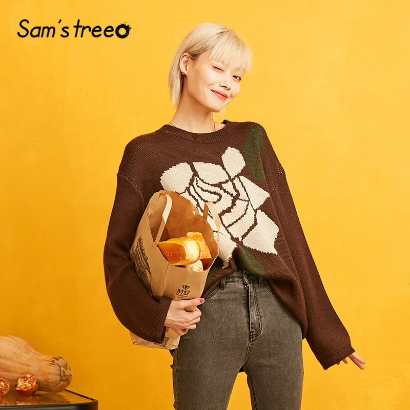 SAM'S TREE coffee, большой корейский свитер с цветочным принтом, женская одежда, осень, повседневные офисные женские вязаные топы с открытыми плечами
