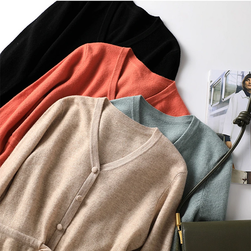 

100% Wool Knited Dress Women Casual Style Long Sleeves Waist Mid-length Wool Dress 4 Colors New Fashion Style Autumn New Fashion